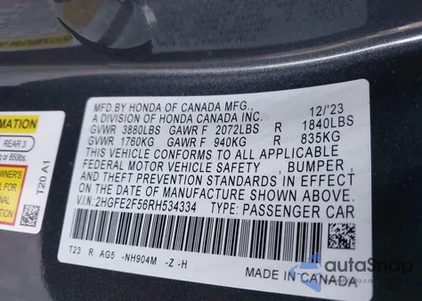 2024 Honda Civic Sport из США, поврежденный, VIN 2HGFE2F56RH534334